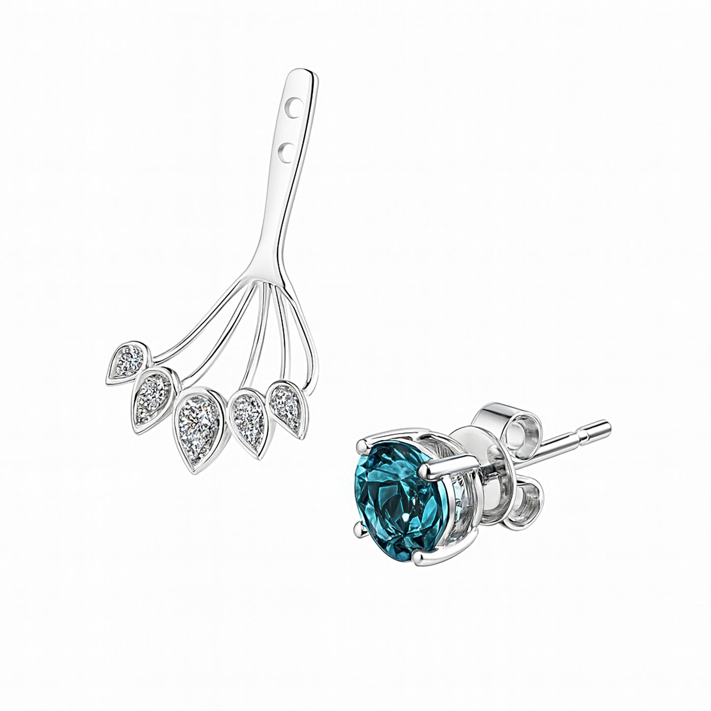 14k White Gold London Blue Topaz Diamond Jacket Front Back Earring