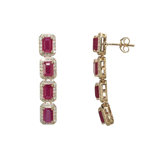 14k Ruby Diamond Emerald Cut Earring