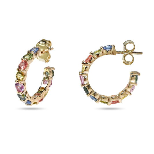 14k Multi Sapphire Round Cut Hoop Earring