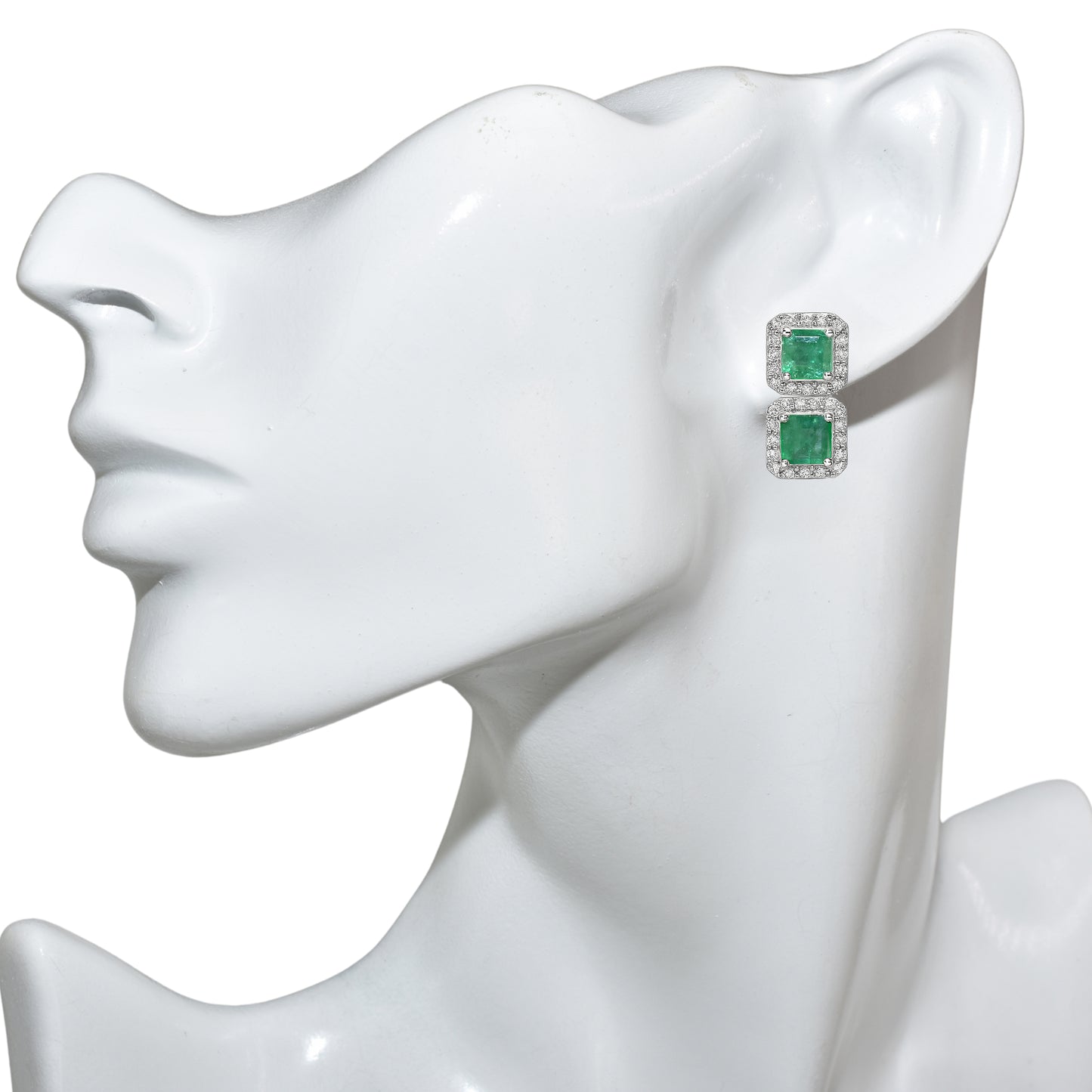 14k White Gold Emerald Diamond Square Earring