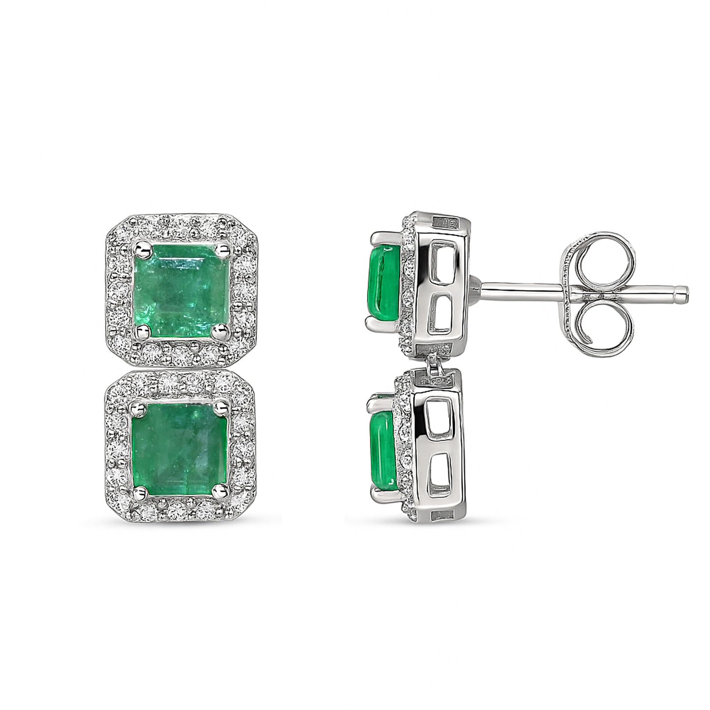 14k White Gold Emerald Diamond Square Earring