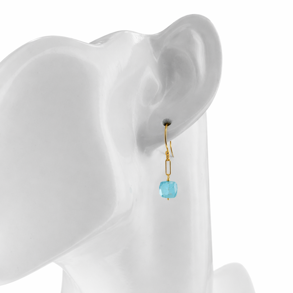 14k Blue Topaz Cube Paperclip Hook Earring