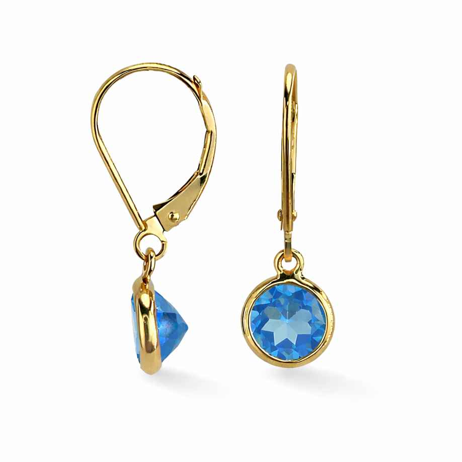14k Swiss Blue Topaz Round Bezel Leverback Earring