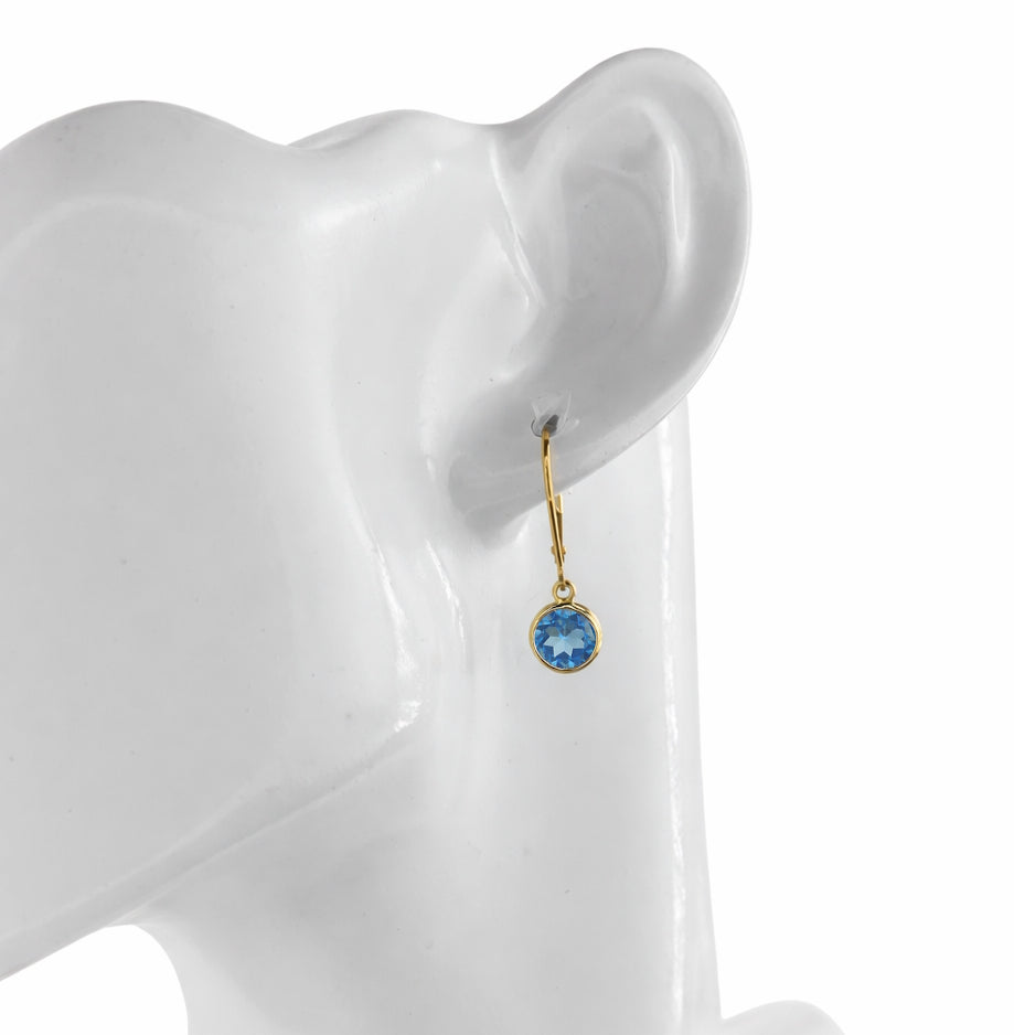 14k Swiss Blue Topaz Round Bezel Leverback Earring