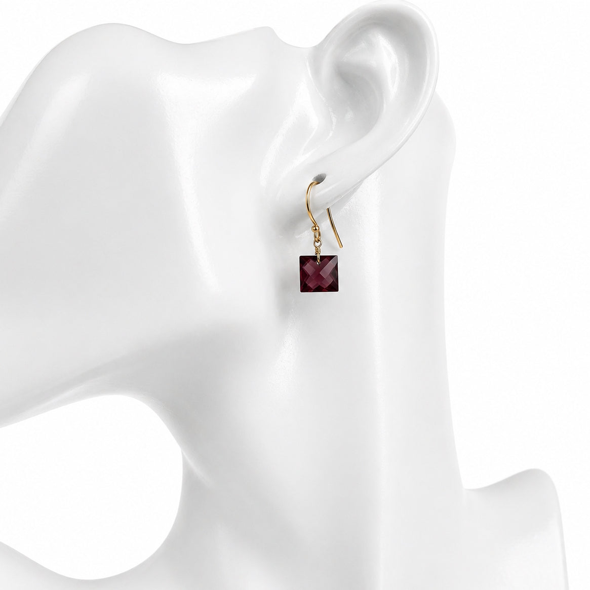 14k Garnet Square Hook Earring