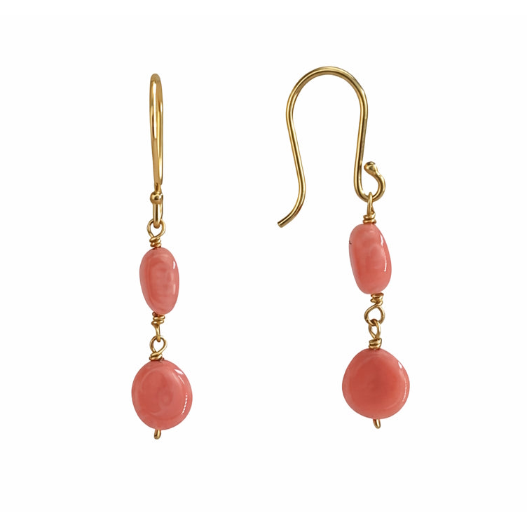 14k Pink Coral Coin Dangle Hook Earring