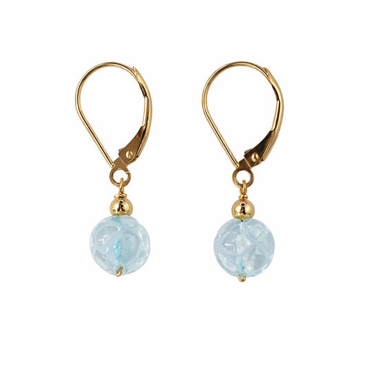 14k Blue Topaz Carved Round with Gold Ball Leverback Earring