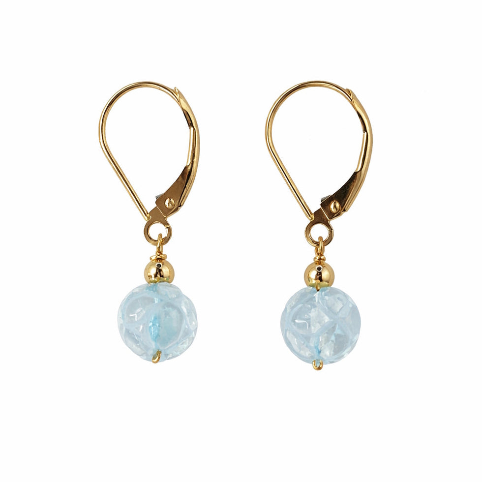 14k Blue Topaz Carved Round with Gold Ball Leverback Earring