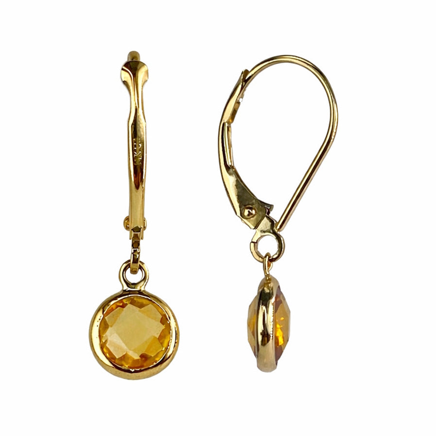 14k Citrine Round Bezel Leverback Earring