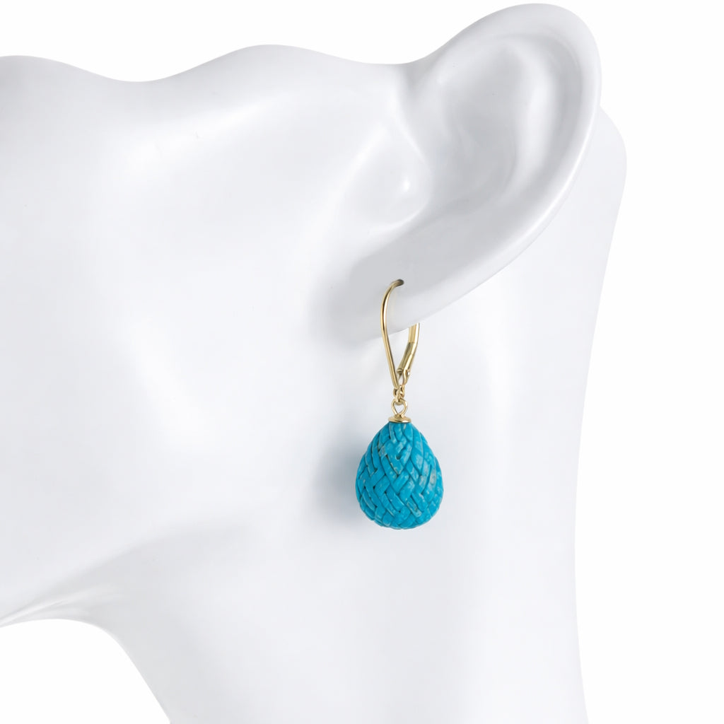 14k Turquoise Woven Texture Pear Leverback Earring