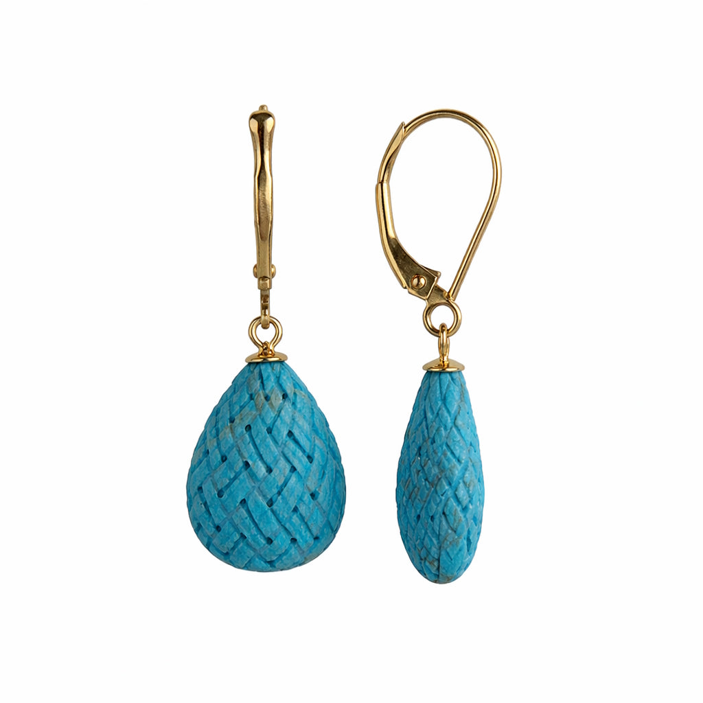 14k Turquoise Woven Texture Pear Leverback Earring