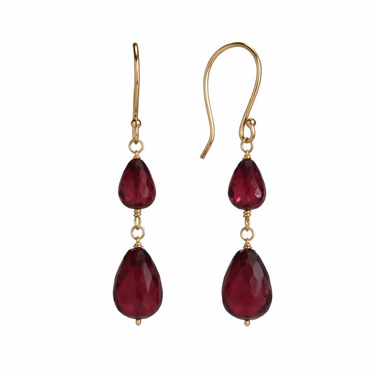 14k Garnet Double Drop Dangle Hook Earring