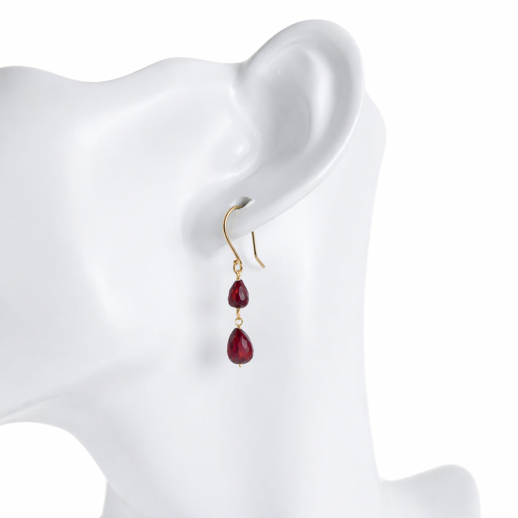 14k Garnet Double Drop Dangle Hook Earring