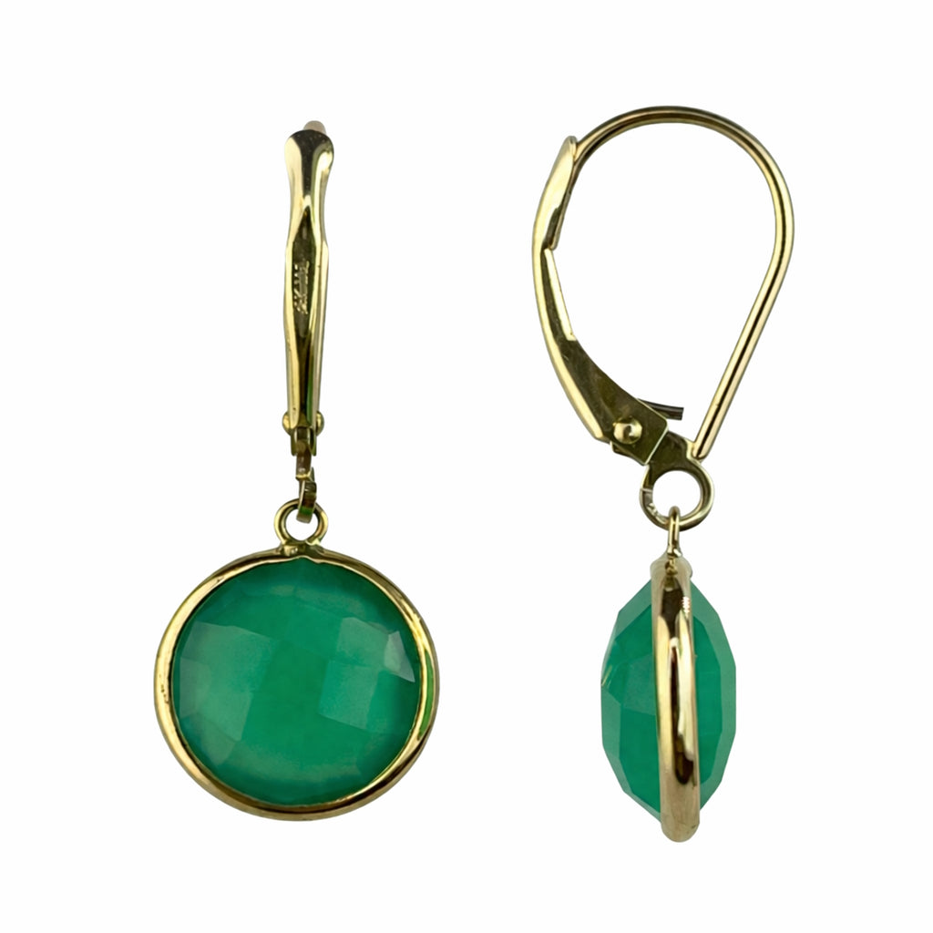 14k Green Onyx or Green Amethyst Round Bezel Leverback Earring