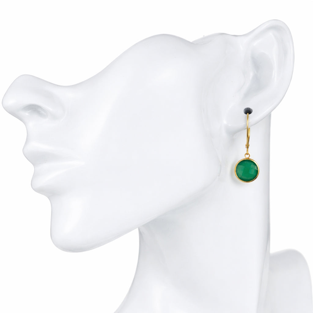 14k Green Onyx or Green Amethyst Round Bezel Leverback Earring