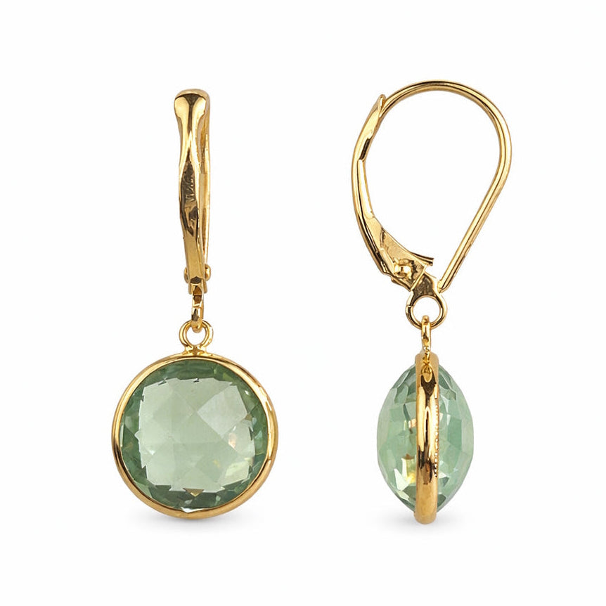 14k Green Onyx or Green Amethyst Round Bezel Leverback Earring