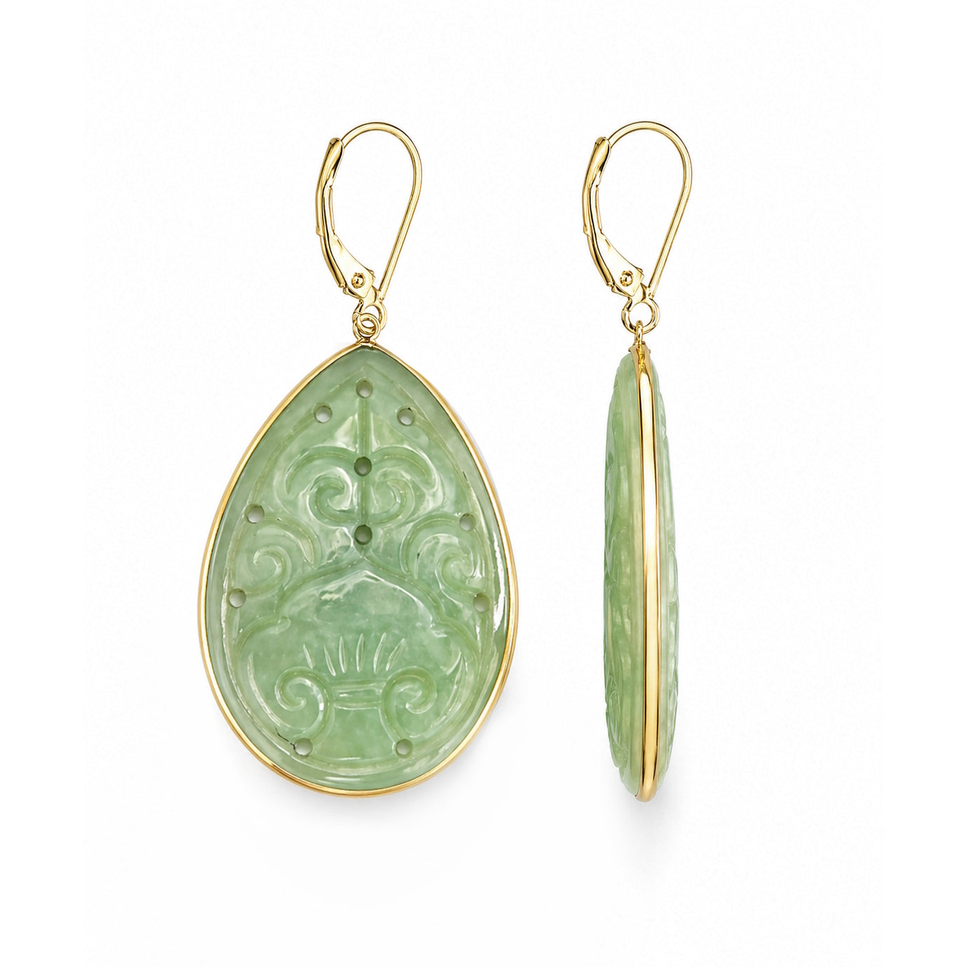 14k Natural Jade Carved Pear Shape Leverback Earring