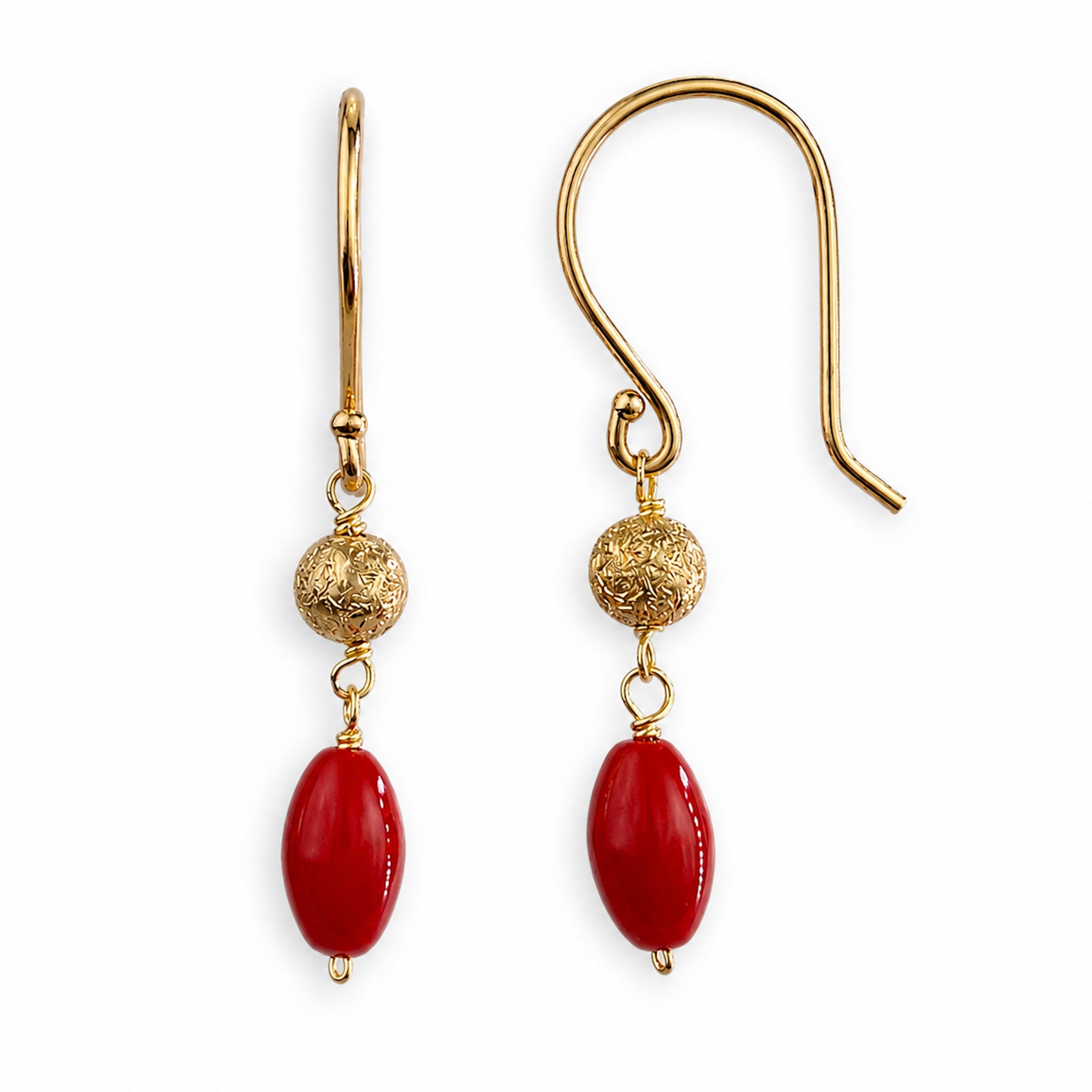 14k Dyed Red Coral Gold Ball Hook Earring