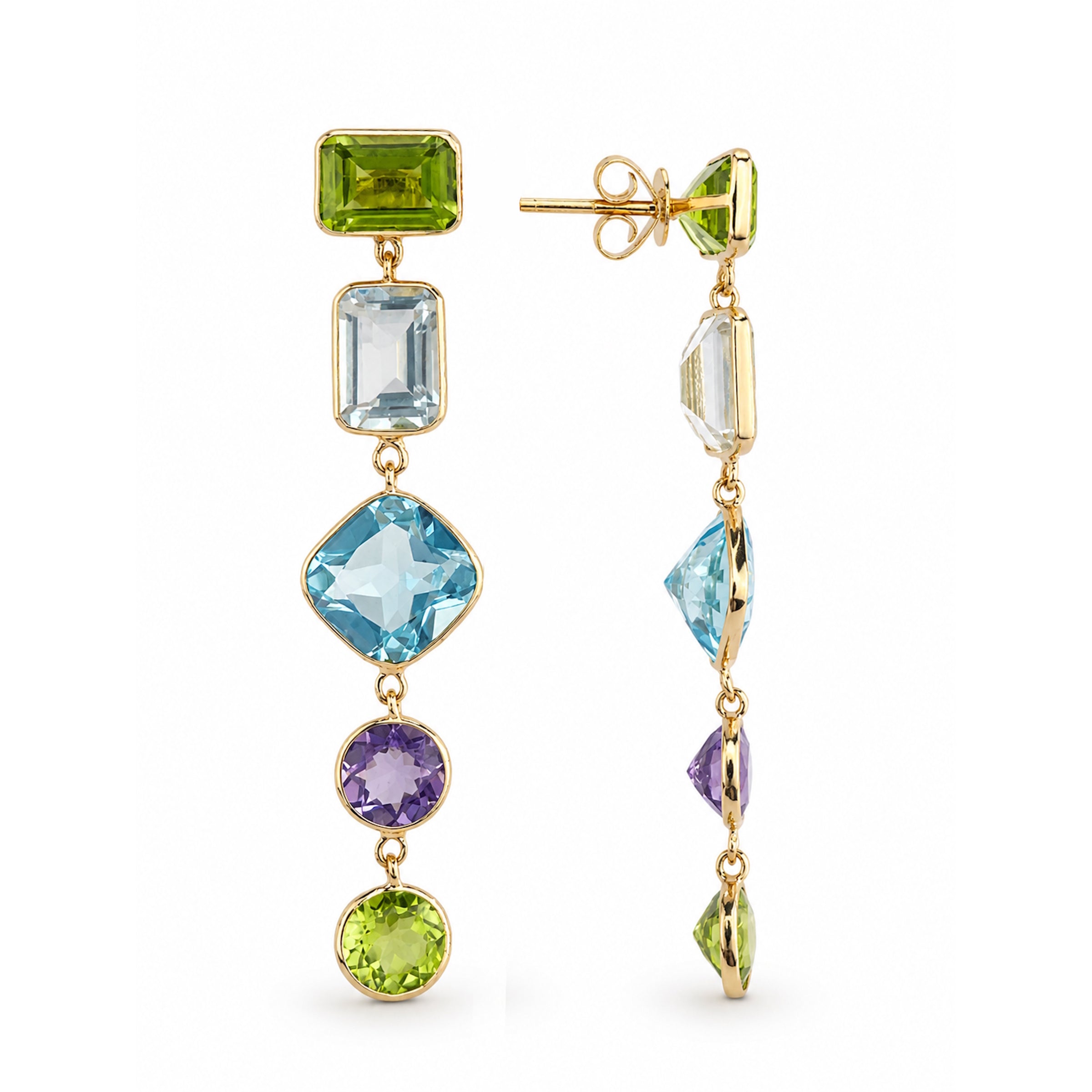 14k Multi Stone Mix Shapes Bezel Dangle Earring