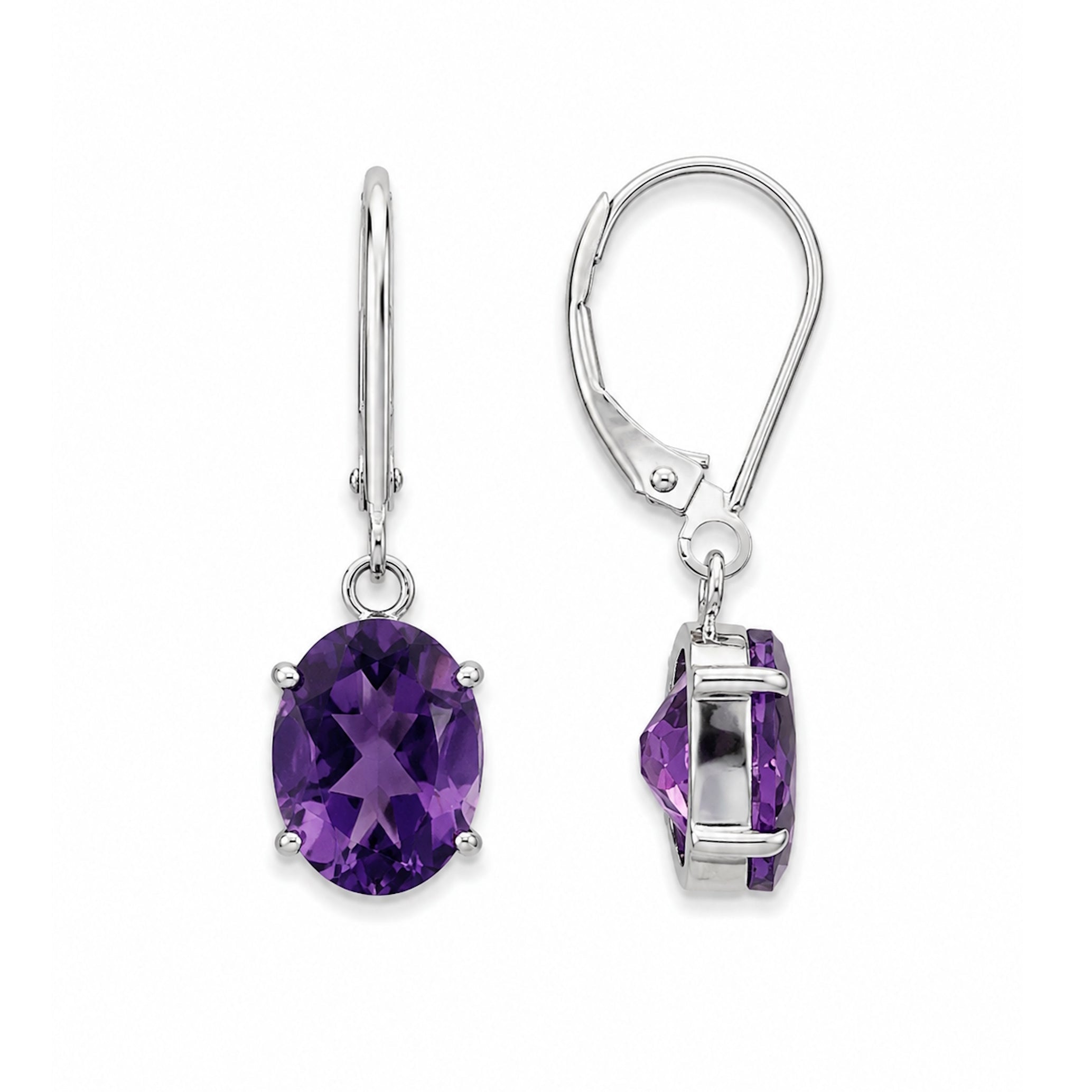 14k White Gold African Amethyst Oval Leverback Earring