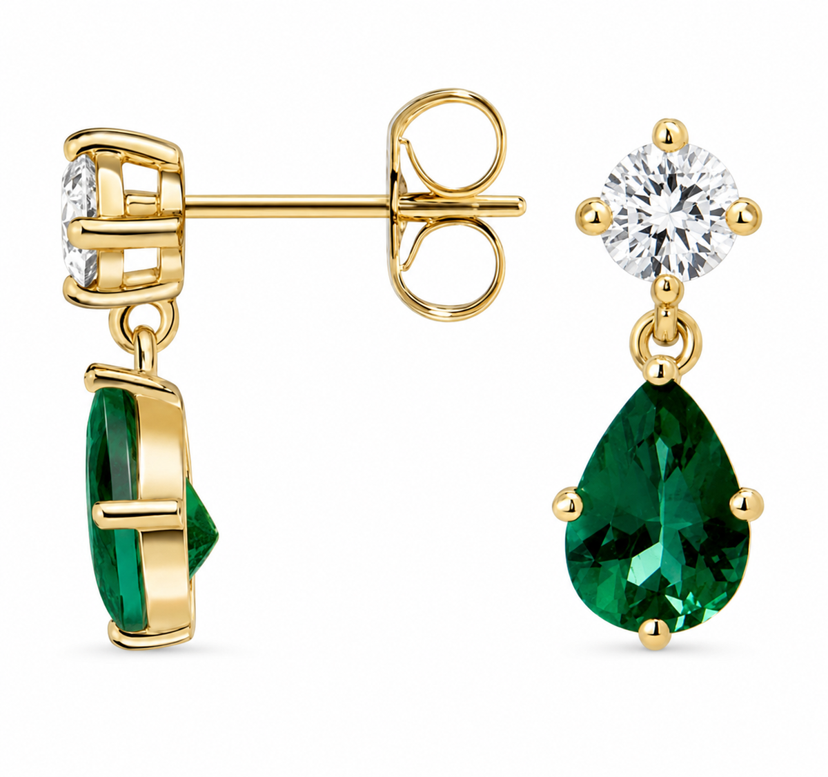 14k Pear Shape Lab-Grown Emerald & Diamond Drop Earring