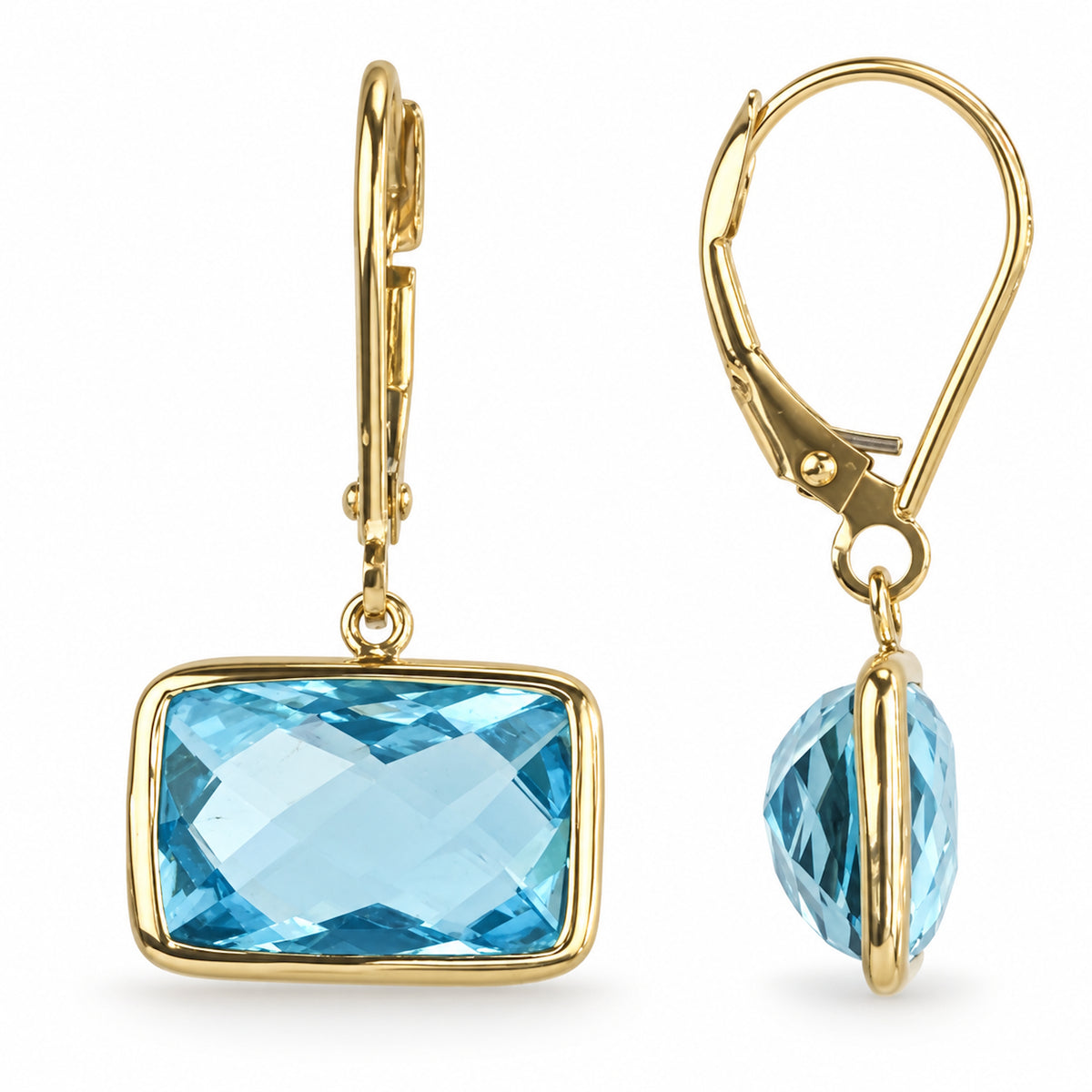 14k Blue Topaz East West Cushion Leverback Earring