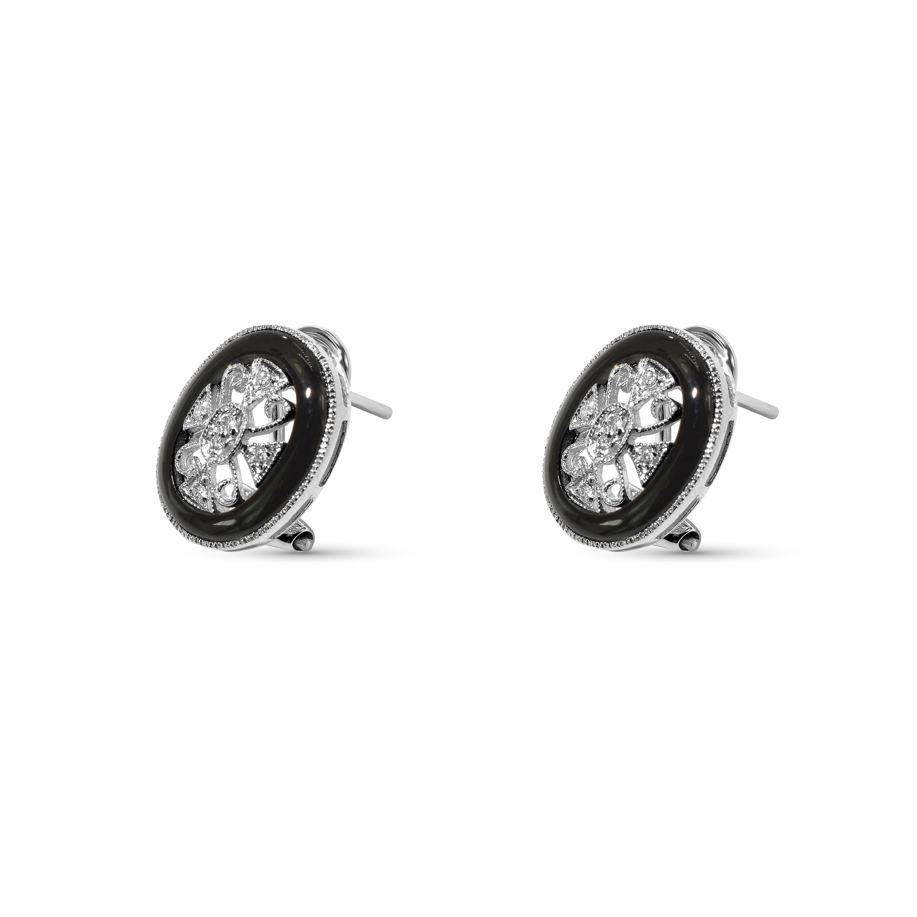 18k White Gold Onyx Diamond Ear Clips with Post