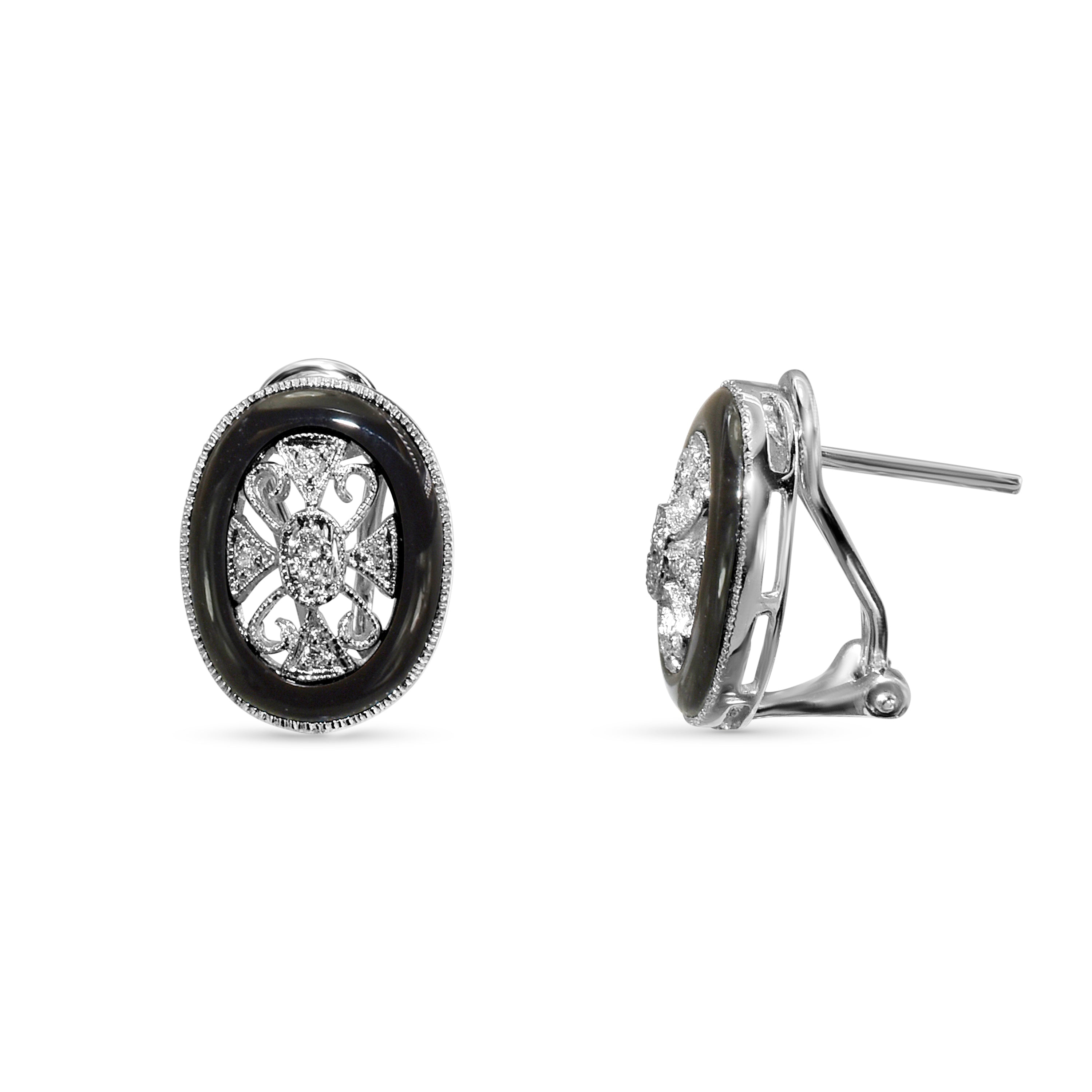 18k White Gold Onyx Diamond Ear Clips with Post