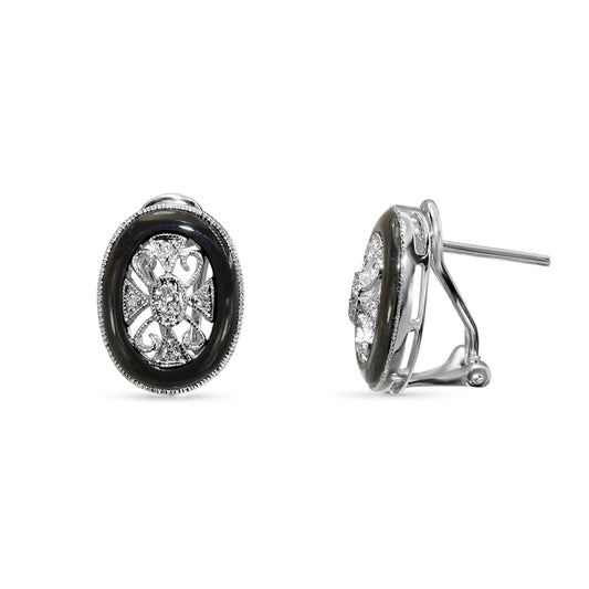 18k White Gold Onyx Diamond Ear Clips with Post