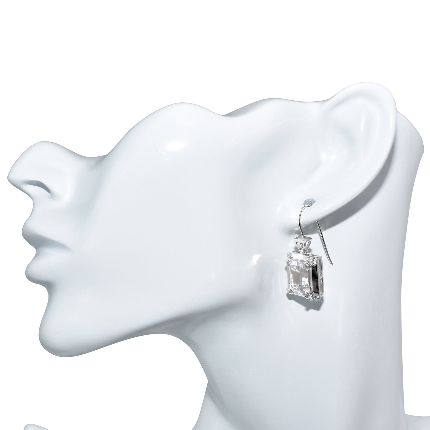 14k White Gold Kunzite Diamond Emerald Cut Deco Earrings