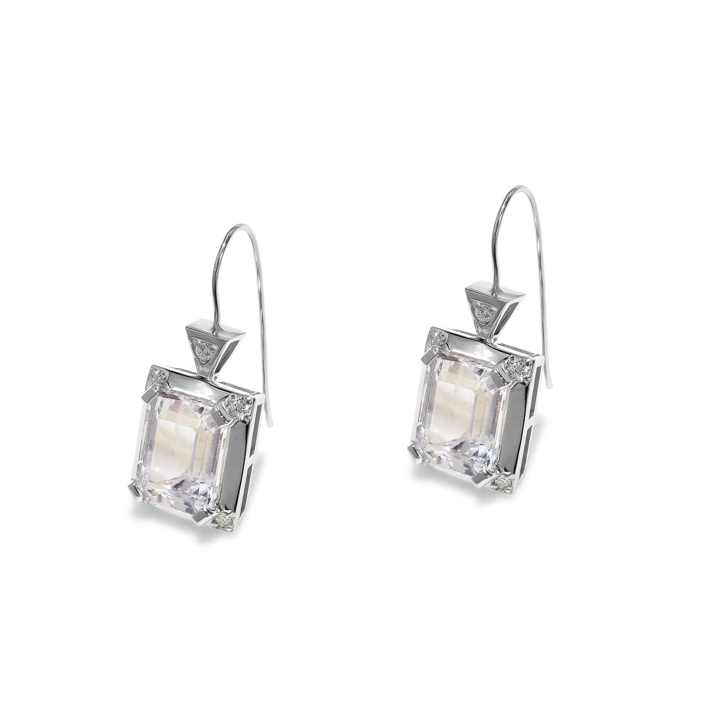 14k White Gold Kunzite Diamond Emerald Cut Deco Earrings