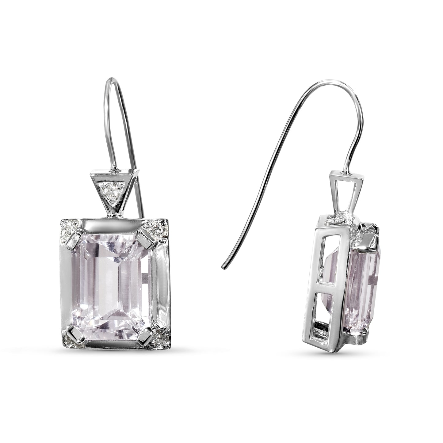 14k White Gold Kunzite Diamond Emerald Cut Deco Earrings