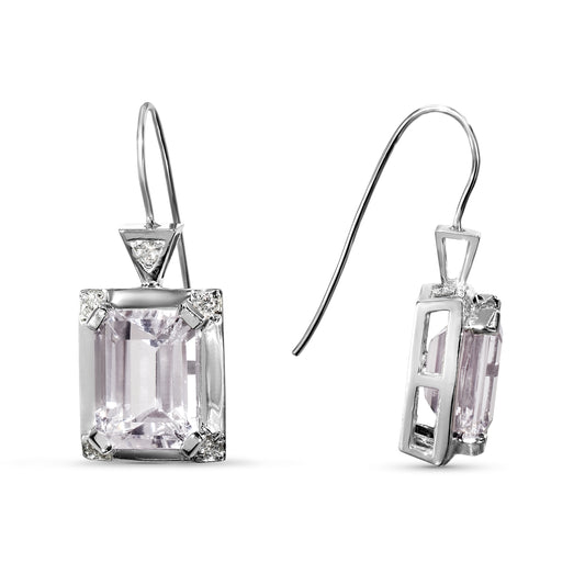 14k White Gold Kunzite Diamond Emerald Cut Deco Earrings