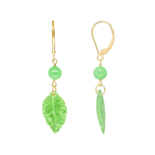 14k Green Jade Leaf Leverback Drop Earring