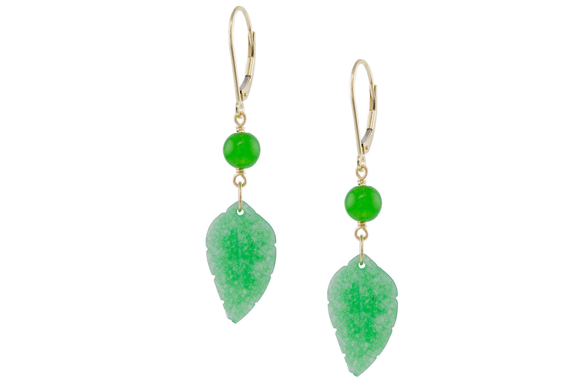 14k Green Jade Leaf Leverback Drop Earring
