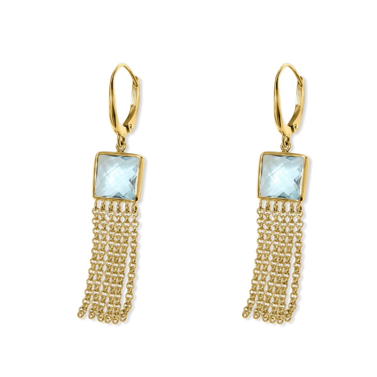 14k Blue Topaz Square Bezel 6 Fringe Leverback Earring