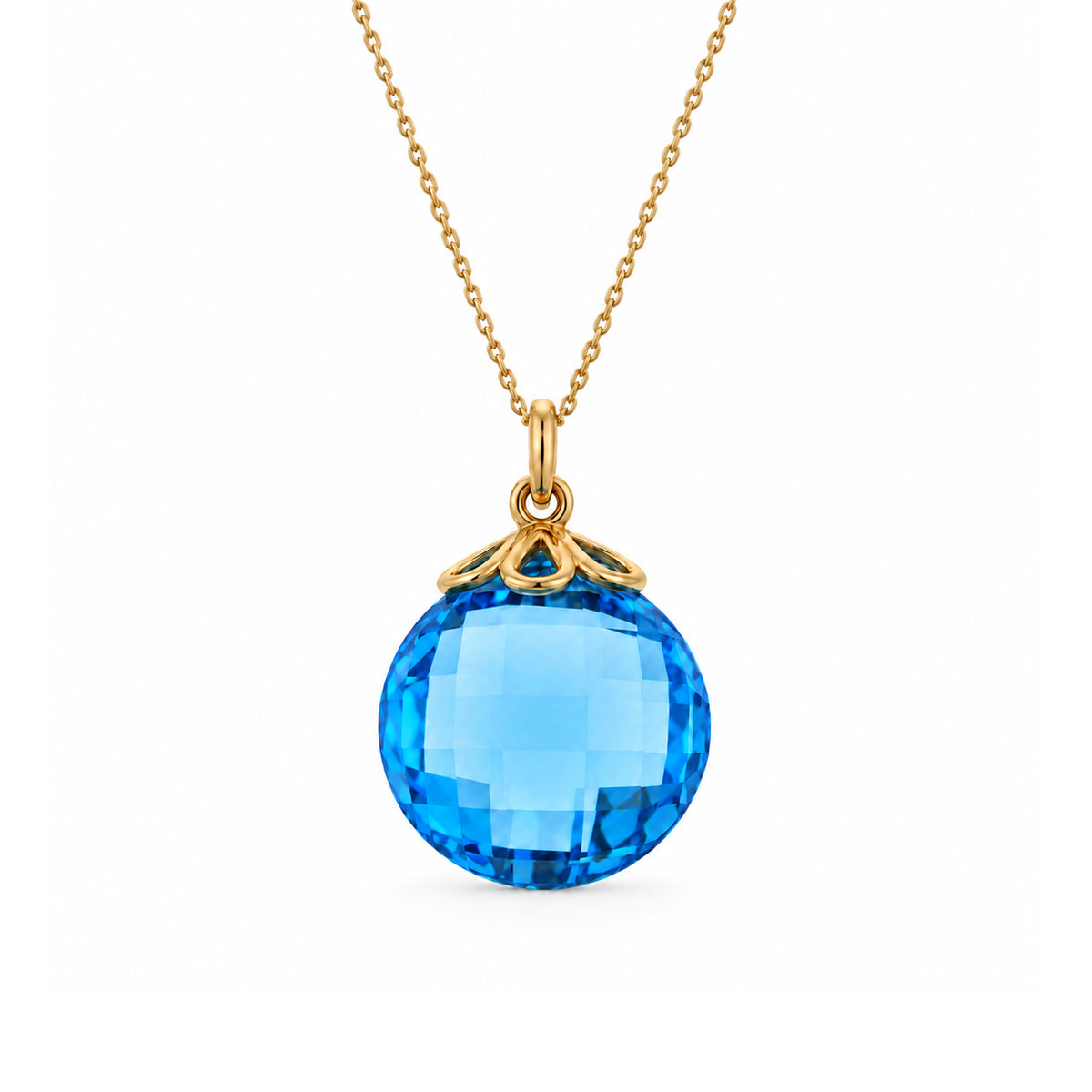 14k Faceted Swiss Blue Topaz Coin Pendant Necklace