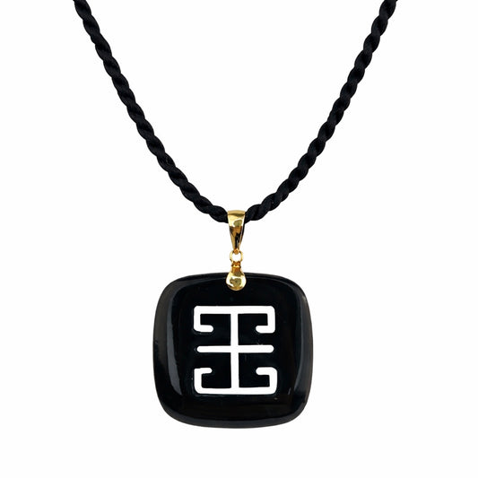 14k Carved Black Jade Longevity Pendant Necklace