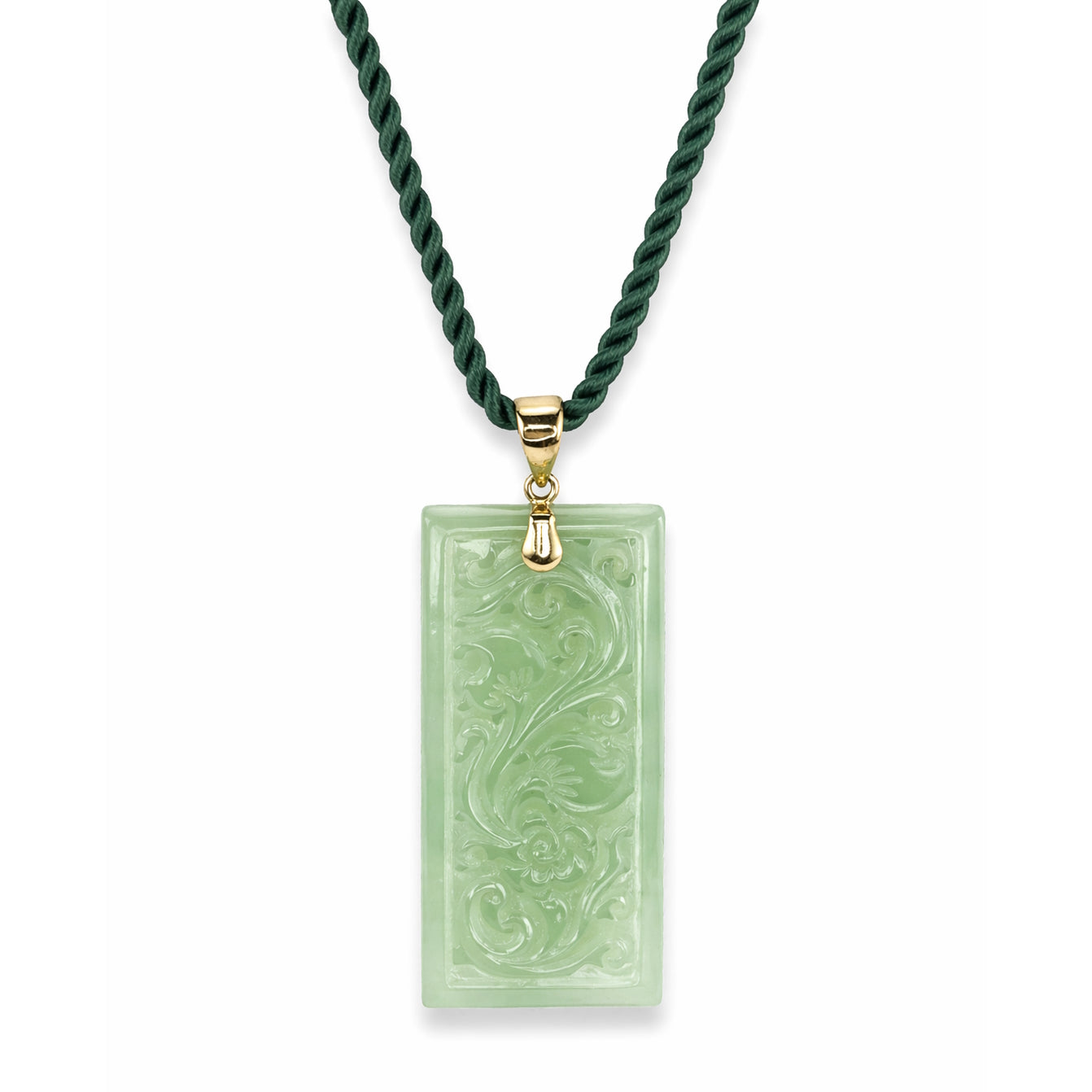 14k Jade Rectangle Dragon Pattern Pendant Necklace