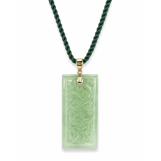 14k Jade Rectangle Dragon Pattern Pendant Necklace