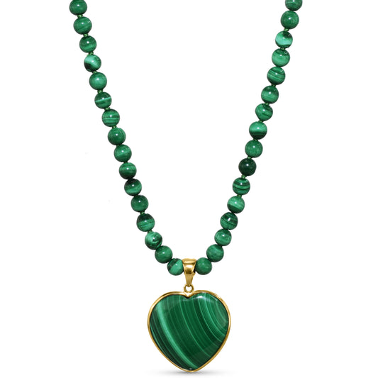 14k Heart Shaped Malachite Bezel Pendant Necklace