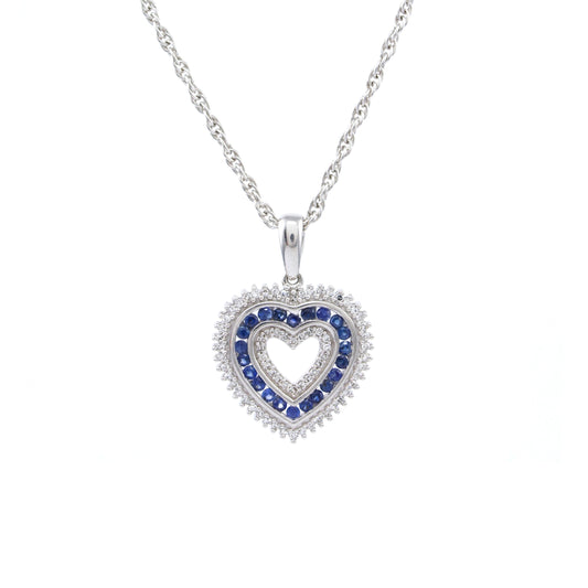 14k White Gold Sapphire Diamond Heart Pendant Necklace