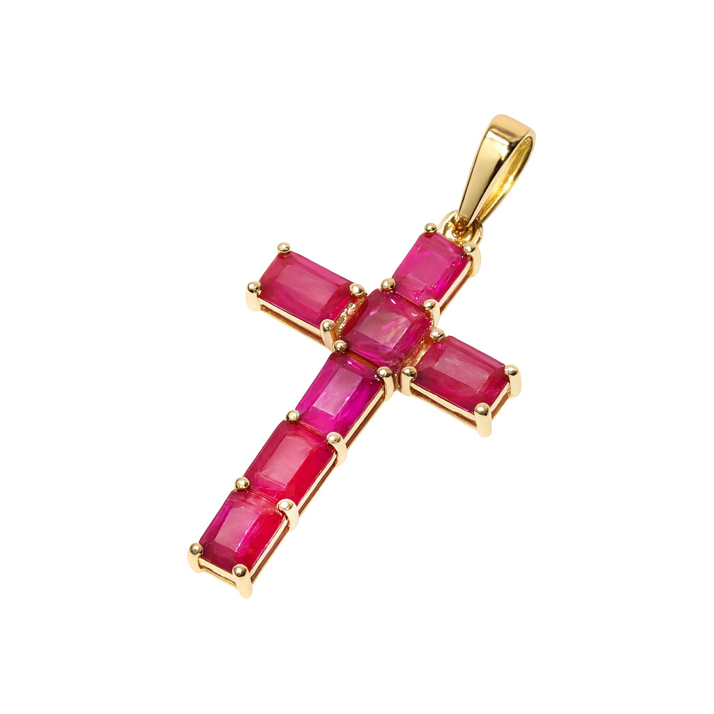 14k Cross Pendant with 7 Prong-Set Gemstones