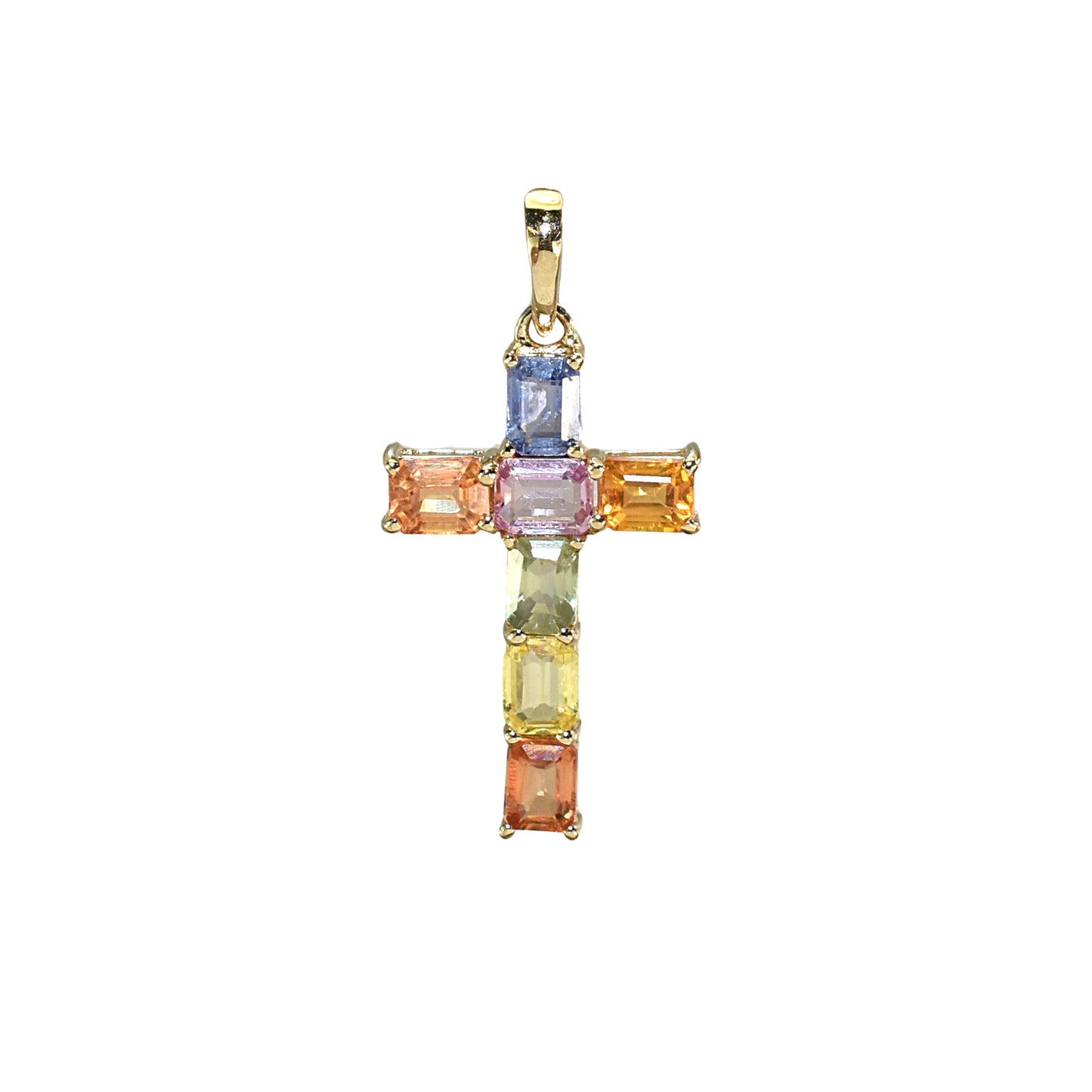14k Cross Pendant with 7 Prong-Set Gemstones