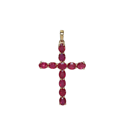 14k Cross Pendant with 11 Prong-Set Gemstones
