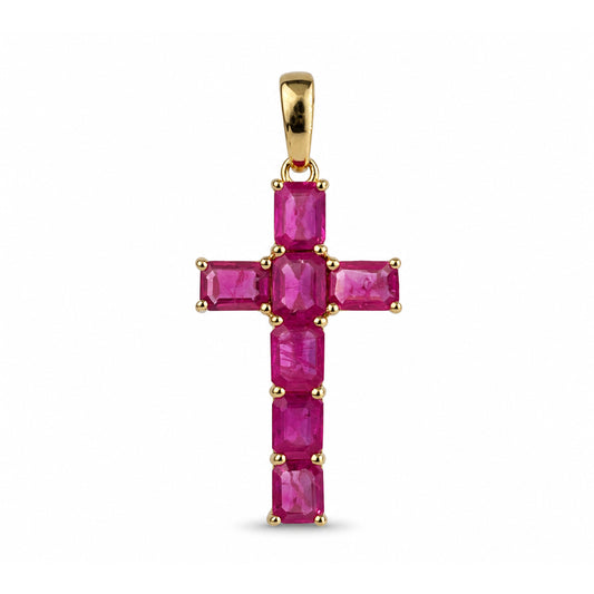 14k Yellow Gold 7 PC Cross Ruby Pendant