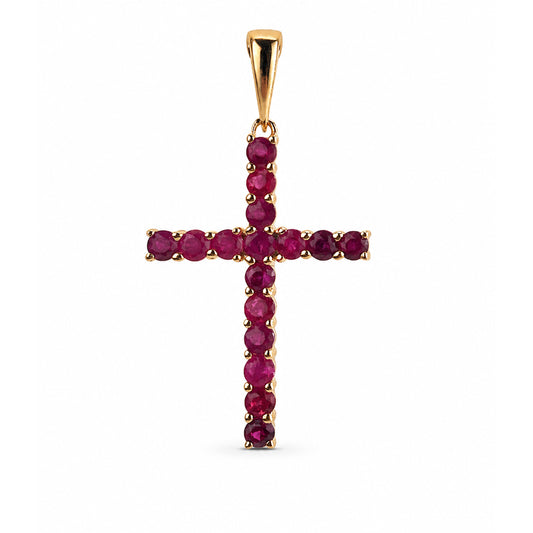 14k Yellow Gold 16 PC Cross Ruby Pendant