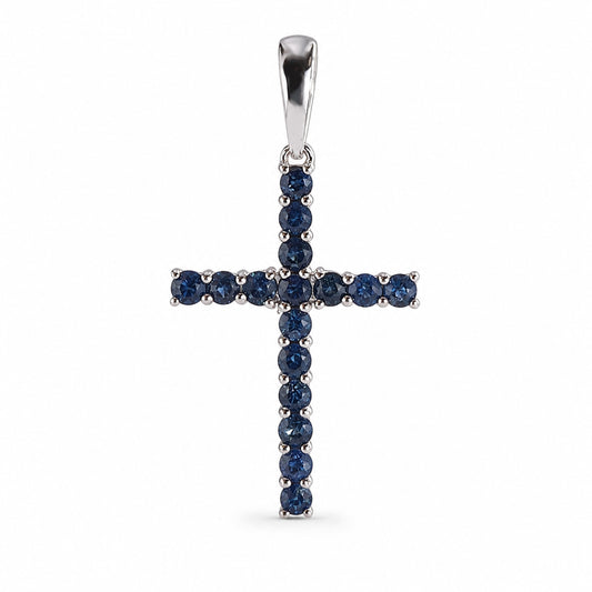 14k White Gold 16 PC Cross Sapphire Pendant