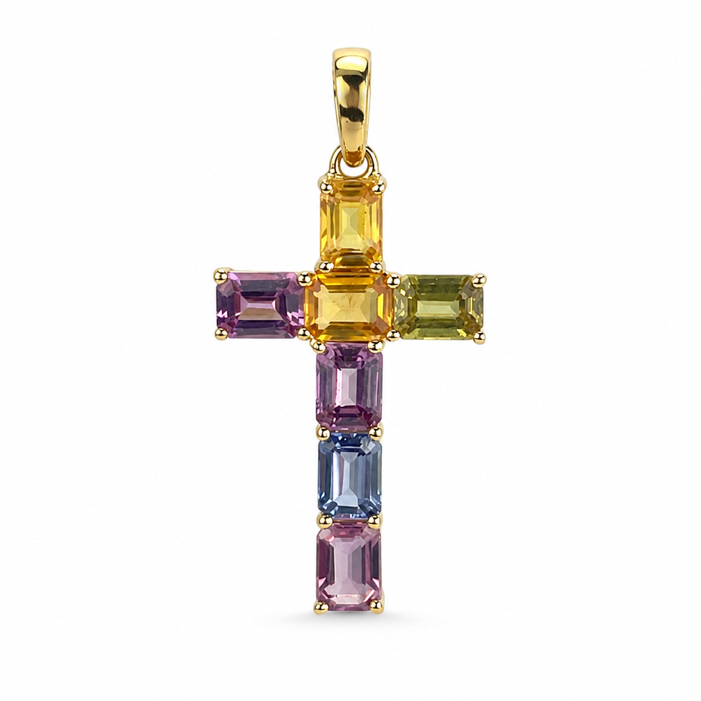 14k Gold Prong Set Precious Stone Cross Pendant