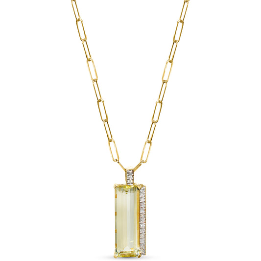 14k Lemon Quartz Diamond Emerald Cut Pendant Necklace